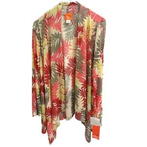 Hearts of Palm Woman Berry Fine Tropical Leaf Print Lightweight Cardigan 3X